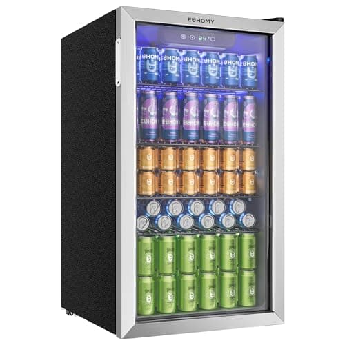 Image of EUHOMY 93L Drinks Fridge, 126 Can Beer Fridge with Glass Door, Wine fridge with Adjustable Shelves for Soda Beer or Wine, Home/Bar/Office, Silver, Steel, One-Touch Control [Energy Class F]
