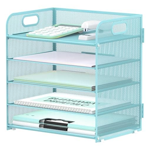 Image of SUPEASY 5 Trays Paper Organizer Letter Tray with Handle-Mesh Desk File Organizer, Paper Sorter Desk Organizer for Office, Home or School, Blue