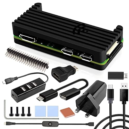 Image of GeeekPi Case Kit for Raspberry Pi Zero 2 W/Zero W,with Zero 2 W Aluminum Passive Cooling Case,QC3.0 Quick Charger Power Supply,Heatsink,20Pin GPIO Header,4 Port USB Hub,ON/Off Switch Cable (Black)