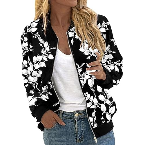 Image of Eauptffy Women's Bomber Jacket, Blouson Women's Black, Pilot Jacket, Long Sleeves, Zip, Flight Jacket, Thin, Comfortable, Casual Jacket, Printed Trend College Jacket, Elegant Leisure Jacket, Summer