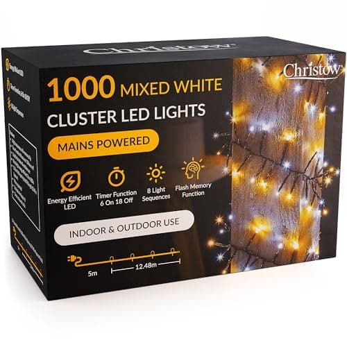 Image of CHRISTOW 1000 LED Cluster Christmas Tree Lights, Mixed White Fairy Lights with Timer, 8 Light Modes, Energy Efficient 3mm Micro LEDs, Indoor & Outdoor, Mains Powered, Green Cable, 12.48m Lit Length