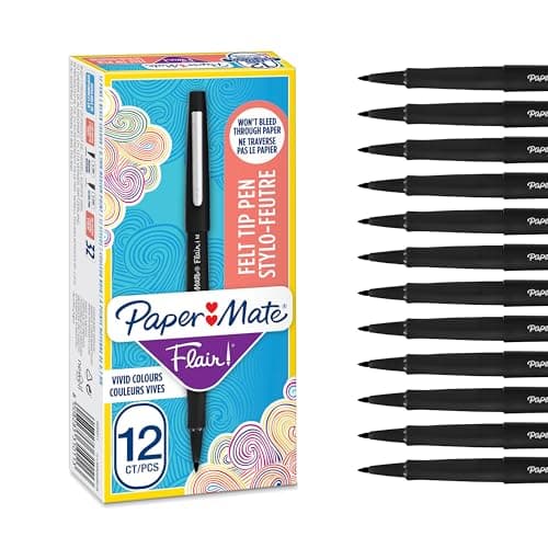 Image of Paper Mate Flair Felt Tip Pens | Medium Point (0.7 mm) Writing Pens | Black Pens | For Writing, Drawing & Sketching | 12 Count