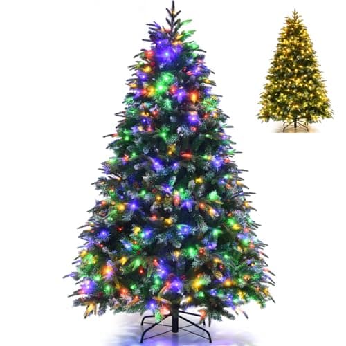 Image of COSTWAY 5FT/6FT/7FT Pre-Lit Christmas Tree, Hinged Artificial Xmas Tree with 250/350/450 LED Lights, Dual-Color Changing, 11 Flash Modes, Pine Cones and Red Berries, Festive Party Decor (5FT)