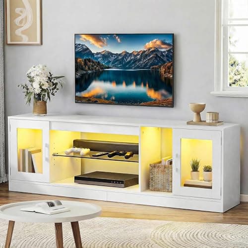 Image of YITAHOME 180cm TV Cabinet with 7 RGB LEDs, TV Stand with 2 Closed Drawers, 3 Open Shelves & Adjustable Glass Shelf, Modern Entertainment Center for Living Room, 180x32x51CM