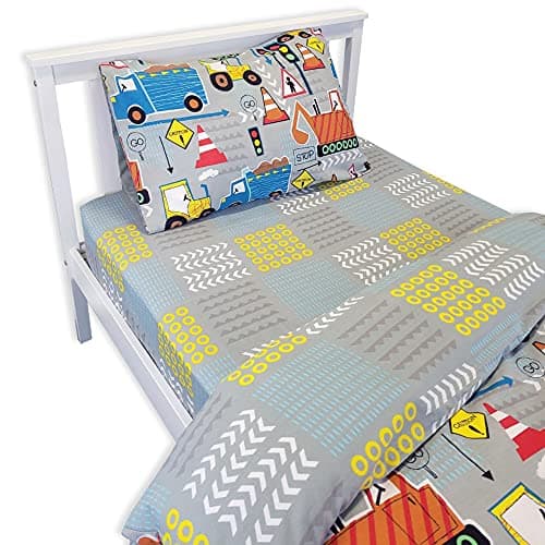 Image of Happy Linen Company Kids Boys Big Digger Trucks Grey Single Fitted Sheet Bedding