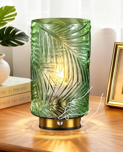 Image of Rechargeable Table Lamp - Upgraded 5200mAh Touch Bedside Lamp with 3 Color Options & Dimming E27 Cordless Lamps 23CM Height for Bedroom Living Room Green Glass Shade (Includes Replaceable Bulb)