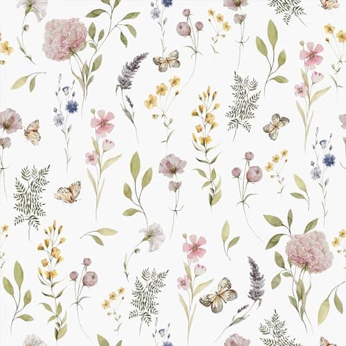 Image of VEELIKE Watercolor Wildflowers Floral Wallpaper Vintage Botanical Wallpaper Patterned White Leaf Contact Paper Self Adhesive Wall Mural Art Deco Wall Paper Bedroom Bathroom Nursery 44.5cm×300cm