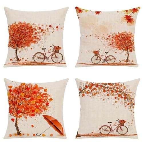 Image of BREASOME Cushion Covers 45 x 45 cm Set of 4 Bicycle & Trees & Orange Fallen Leaves Cushion Covers Linen Decorative Square Throw Pillow Cases for Sofa Couch Bedroom Living Room