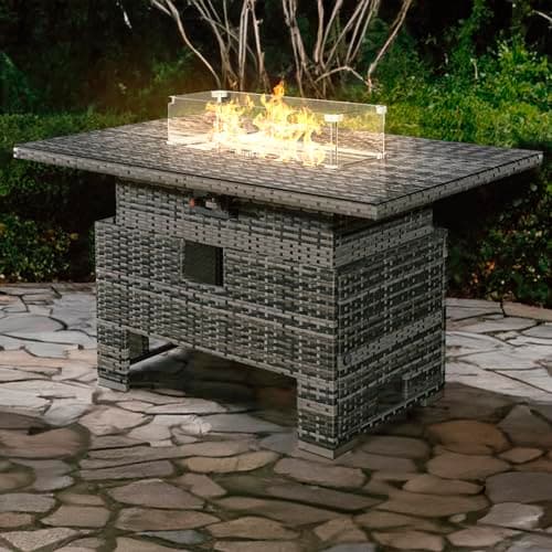 Image of RoyalFire Icarus Rattan Rising Firepit Table in Walnut Grey - Adjustable Height Gas Firepit Table, Outdoor Patio Heater & Dining or Coffee Table Combo, Stylish Weather Resistant Design