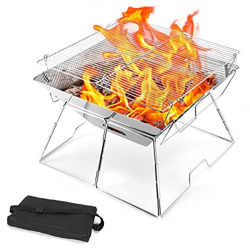 Image of Odoland BBQ Fire Pit Portable Campfire Pit Collapsible Camping Grill Stainless Steel Barbecue for Camping Picnic Terrace Garden w/Carrying Bag L (43 * 43 * 31cm)