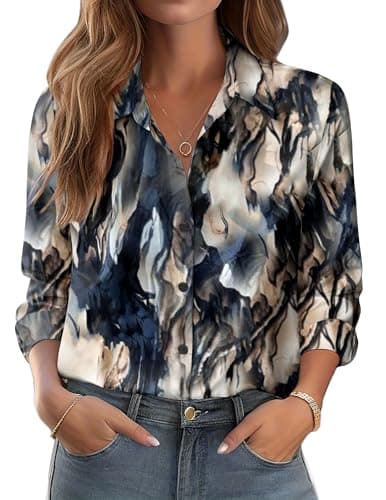 Image of Zeagoo Womens Shirts Long Sleeve Floral Printed Party Tops Button Down Stretch Wrinkle Fall Free Blouse Hawaiian Beach Vintage Elegant Shirt Blue Beige Abstract XXL