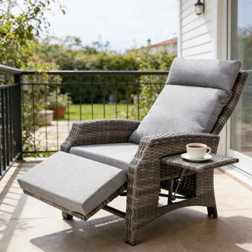 Image of WestWood BIRCHTREE Rattan Reclining Garden Chair with Footrest, 150° Adjustable Outdoor Recliner Armchair with Cushions & Flip-Up Side Table, Weather-Resistant Patio Garden Chair, Grey