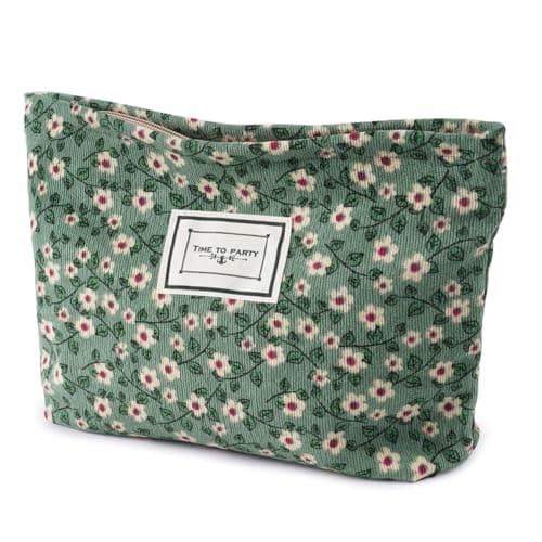 Image of Aucuu Cosmetic Bags for Women, Small Floral Canvas Cosmetic Bag, Rose Flower Printing Corduroy Toiletry Bag, Multifunctional Travel Makeup Bag with Metal Zipper for Women Girls Gift - Green Flower