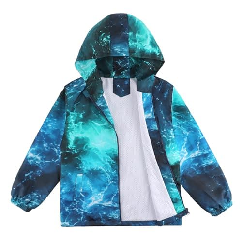 Image of LACOFIA Boys Waterproof Jacket Kids Windbreaker School Hooded Coat Mesh Lined Lightweight Raincoat for Children Blue Wave 11-12 Years