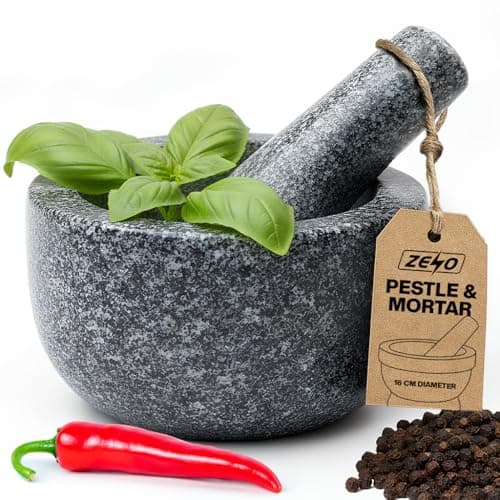 Image of ZENO Pestle and Mortar 16CM | Large Solid Granite Stone Pestle and Mortar Set | Heavy Duty Mortar and Pestle for Crushing and Grinding Spices, Herbs, Seeds, Garlic | 6.3" Diameter