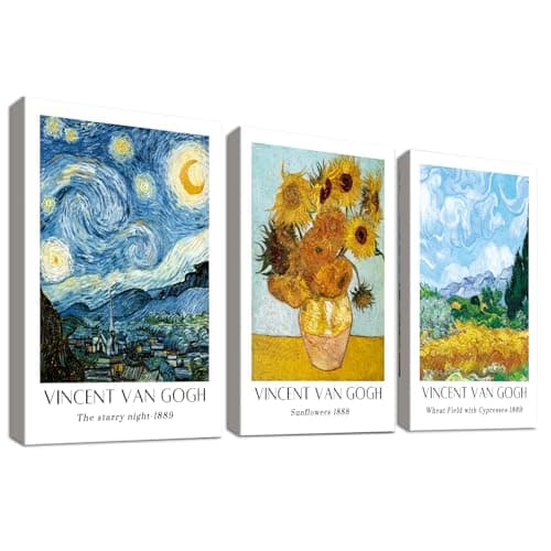 Image of 3 Pcs Wooden Framed Canvas Wall Art Set Vincent Van Gogh The Starry Night Painting on Canvas Prints Poster Sunflowers Floral Landscape Pictures for Living Room Bedroom Wall Decor 50x70 cm x3pcs