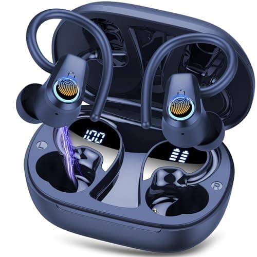 Image of Wireless Earbuds, Bluetooth 5.3 Headphones with 4 ENC Noise Canceling Mic, 50H Stereo Dual LED Display Ear Buds, Sport Wireless Earphones with Earhooks, IP7 Waterproof Wireless Headphones Gym, Blue