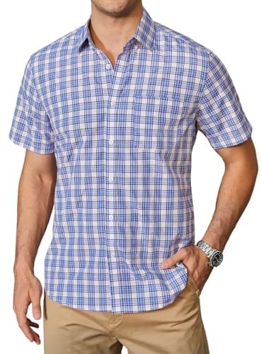 Image of HISDERN Men's Blue Checked Shirt Short Sleeve Plaid Casual Shirts for Men Summer Formal Business Button Down Gingham Checkered Work Regular Fit with Pocket XL