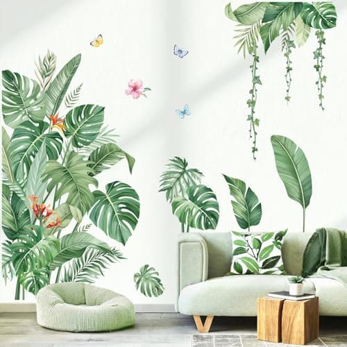 Image of decalmile Large Jungle Leaves Wall Decals Tropical Palm Leaf Plant Wall Stickers for Living Room Sofa TV Background Wall Decor