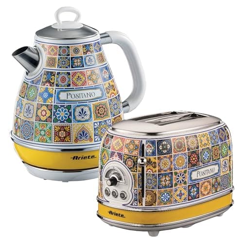 Image of Ariete Positano Jug Kettle & 2 Slice Toaster Set, Italian Tile Design, Vintage-Inspired Breakfast Set