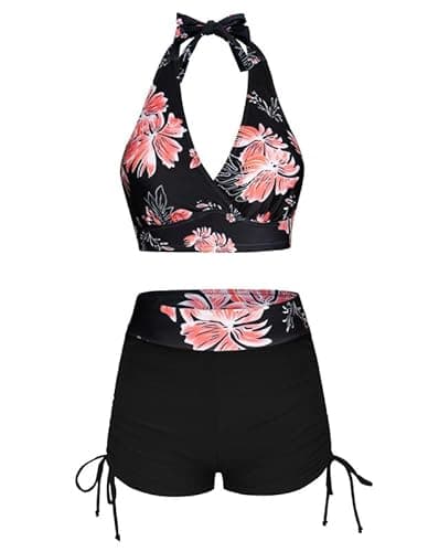 Image of JASAMBAC High Waisted Bikini Set,Halter Neck Bikini Top & Tummy Control Swimwear Bikini Boyshorts Swimming Costume Floral Swimsuits Soft Bathing Suits Padded Beachwear