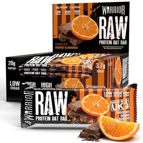 Image of Warrior RAW Protein Bars 12 x 75g – 20g High Protein Bar, Low Sugar High Fibre Oat Protein Flapjack – Protein Snacks, Meal Replacement Bars (Chocolate Orange)