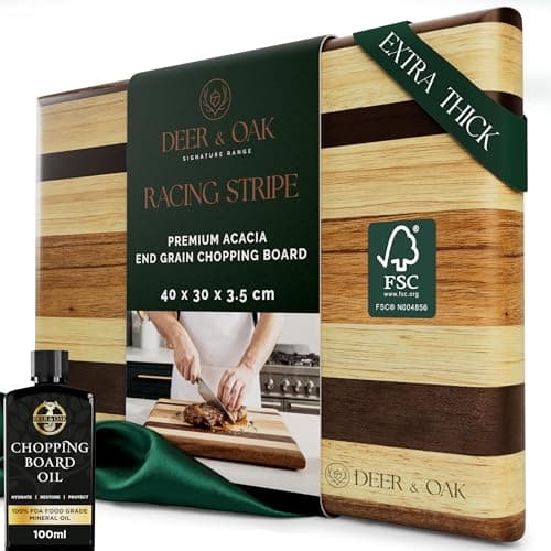 Image of Deer & Oak End Grain Acacia Chopping Board with Racing Stripe Design & Food Safe Mineral Oil Bundle - 40 x 30 x 3.5 cm, FSC Certified Pre-Oiled Butcher's Block, Charcuterie Serving Board