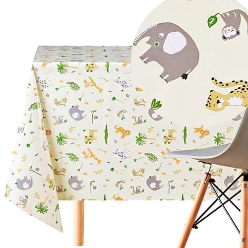 Image of KP HOME Kids Safari Vinyl PVC Easy Wipe Clean Tablecloth - Square 140x140 cm - Waterproof Wipeable Vinyl Plastic Table Cover Cloth Smooth- Wild Cute Animals Pattern Cream Green