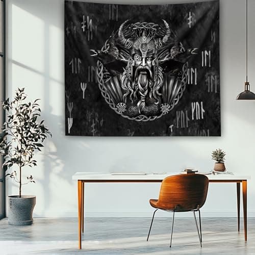 Image of Arsey Viking Tapestry Wall Hanging with Odin and Raven Gifts for Men, Runes Tapestries Decor Bedroom Home 150 x 100 cm, Black