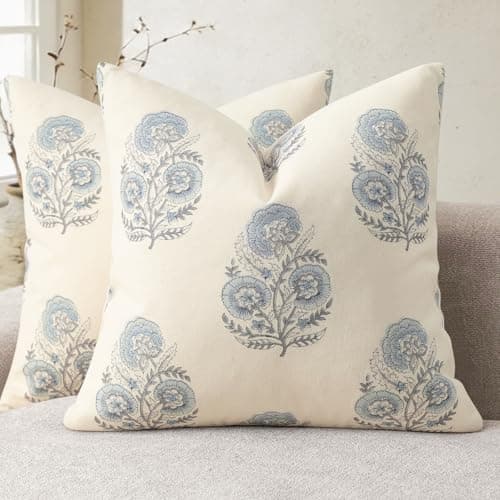 Image of YCOLL Vintage Floral Print Cushion Covers 50x50 Set of 2 Patterned Accent Sofa Cushions Modern Farmhouse Decorative Cushions for Sofa Chair Bed Living Room Home Decor Light Blue