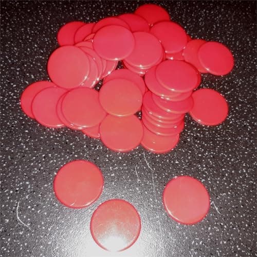 Image of 22mm plastic games counters. pack of 50 counters. Each counter measures 22mm x 1.6mm thick (Red)