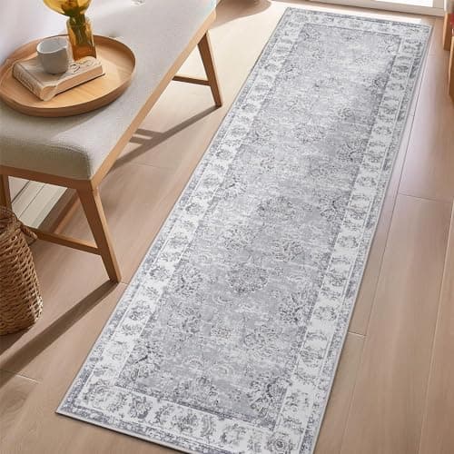 Image of TOPICK Runner Rug 60x180cm Hallway Entrance Grey Floral Washable Rug Thin Non Slip Carpet for Kitchen Bathroom Bedroom