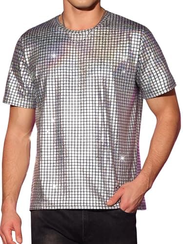 Image of Lars Amadeus Metallic T-Shirt for Men's Round Neck Short Sleeves Sparkle Glitter Shirts Silver M