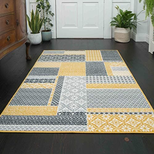 Image of Milan Contemporary Traditional Ochre Yellow Mustard Grey Beige Patchwork Squares Pattern Design Living Room Bedroom Dining Room Area Rug 120cm x 170cm