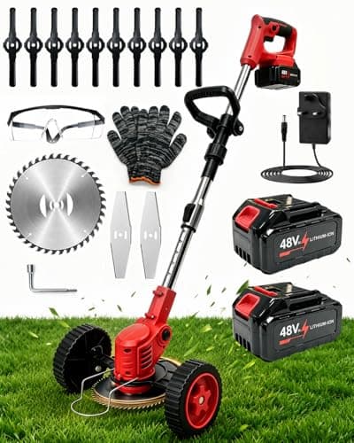 Image of Strimmer, Foldable Cordless Strimmer With Battery And Charger, Grass Trimmer With Dual-Button Design, 10 Interchangeable Blades, 2 Batteries Battery Strimmers Cordless For Garden Lawn