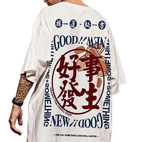 Image of XYXIONGMAO Japanese Kanji Graphic Printed White Casual Tees Shirts Unisex Streetwear Hip Hop T-Shirt for Men, White, Medium