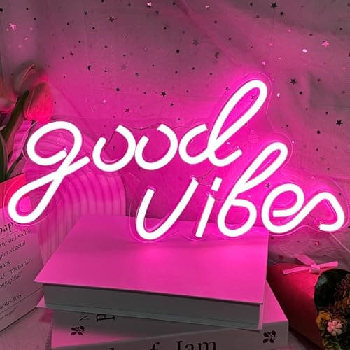 Image of Good Vibes Neon Sign, LED Neon Light Signs for Wall Decor, Art Decoration Letter Neon Light Sign for Bedroom Decor,Birthday Party,Wedding,Valentines Day Gift (Good Vibes-Pink),40 x 24CM