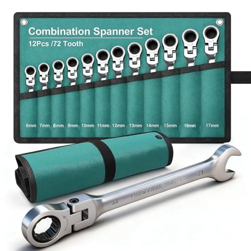 Image of BLUEMARS 12PCS Flexible Ratchet Spanner Sets, 180° Flex Head, Metric 6-17mm, 72 Teeth Gear Wrench Set with Roll-Up Pouch, Includes 10mm & 17mm Spanners for DIY & Repairs
