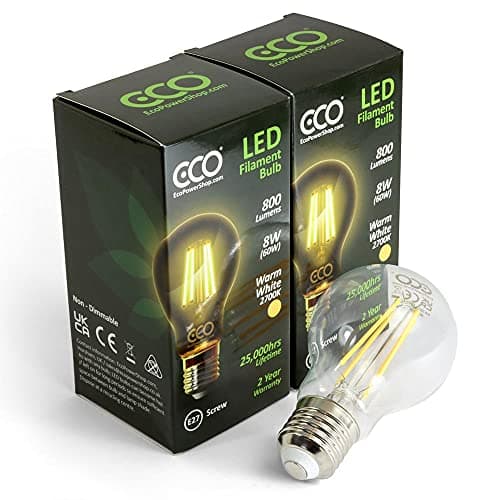 Image of ECO 60W Energy Saving Light Bulb, Low Energy 8W LED Filaments, Bright 800 Lumen, Clear Glass, Warm White (2700K), E27 Standard UK Edison Screw (ES), 25000Hrs Lifetime.
