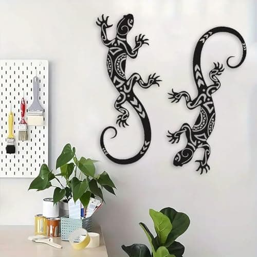 Image of DUOOLN Metal Lizard Gecko Wall Art - 2 Pack Metal Wall Decor, Lizards Outdoor Hanging Sculpture Decoration for Yard Garden Art, Patio Fence Home, Unique Gift Ideas-11.8in/30cm - Black