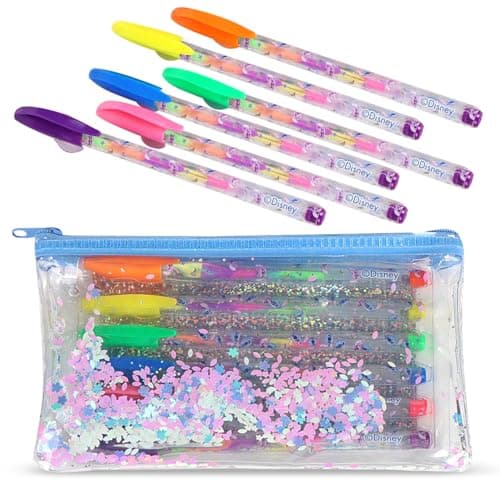 Image of Stitch – Set of 6 Coloured Gel Pens with Glitter Pencil Case | Girls Stationery, School Accessories and Colouring Pages | Stitch Birthday Gift Idea for Children