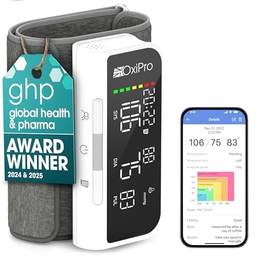 Image of OxiPro BP2 Smart Blood Pressure Monitors with App - Health & Pharma Awards Winner 2025 - Arm Blood Pressure Machines - Universal Small to Large Arm Cuff - Bluetooth BP Monitor