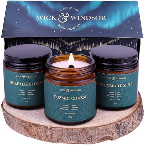 Image of Wick & Windsor | Scented Candle Gift Set | Aurora Collection | 3 Luxury Soy Wax Candles | Wooden Wick | 3×100g | Lavender, Juniper & Vanilla | Gift for Women — Birthday, Christmas & Valentine's Day