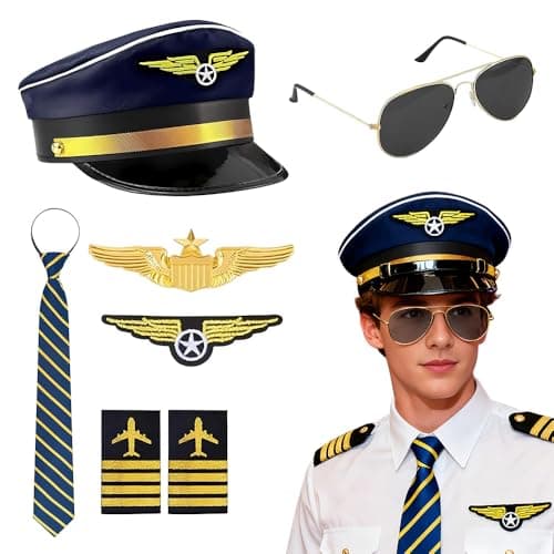 Image of Foreverup 7Pcs Pilot Costume Accessories Set, Pilot Fancy Dress Kit, Airline Captain Fancy Dress Costume Accessory with Sunglasses Hat Gloves Tie Badge Epaulettes for Carnival, Party Role Play