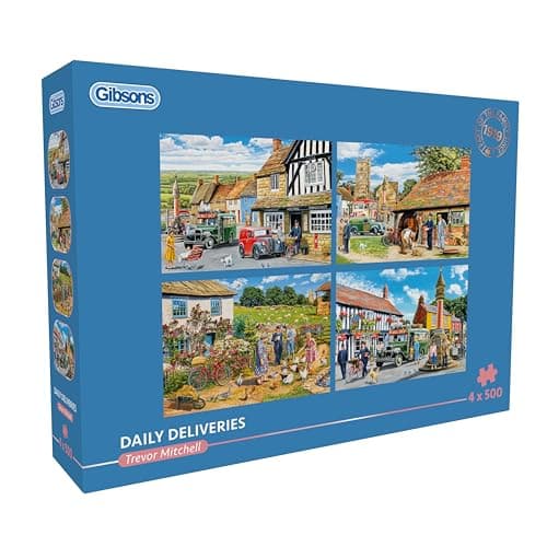 Image of Gibsons Daily Deliveries 4 x 500 Piece Jigsaw Puzzle Set for Adults – Four Charming Nostalgic Countryside Scenes by Trevor Mitchell – Village Life Collection – Premium Multi‑Box Puzzle Gift Set