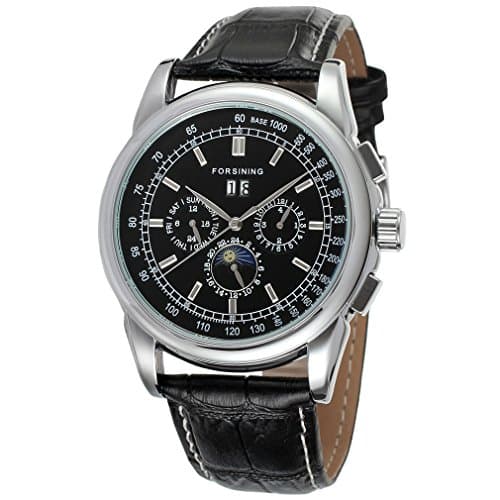 Image of Forsining Men's Fashion Mechanical Self-Winding Analog Moon Phase Watch with Leather Strap