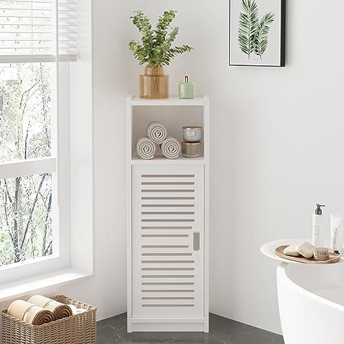 Image of Dripex 3 Tier Bathroom Floor Cabinet, White Storage Cabinet with Door, Free Standing Shelf Unit for Bathroom, Living Room, Bedroom, Kitchen, Balcony or Office (Door Style 2)