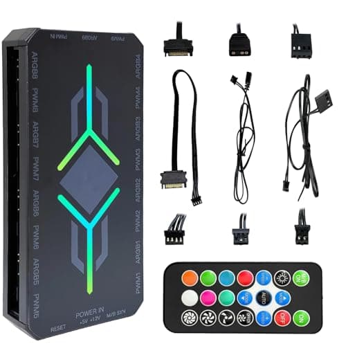Image of 2-in-1 ARGB PWM Fan Hub with Controller 9 Ports 4-Pin PWM Fan Connector 9 x 5V 3-Pin ARGB Headers Magnetic Base RGB Fans Hub for PC Case with Adjustable Speed SATA Power Cable Remote ARGB Controller