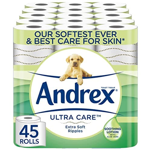 Image of Andrex Ultra Care Toilet Paper - 45 Toilet Roll Pack - contains soothing lotion with Aloe Vera for our best care for skin - Dermatologically Tested (Packaging May Vary)