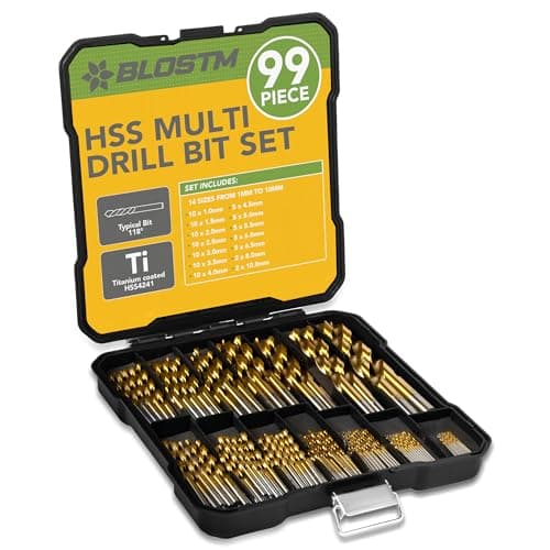 Image of BLOSTM HSS Drill Bit Set - 99 Piece Drill Bit Sets Metric Sizes from 1 to 10mm Titanium Coated High Speed Drill Bits for Metal, Wood, Plastic in Labelled Drill Bit Case - Multi Purpose Drill Bits
